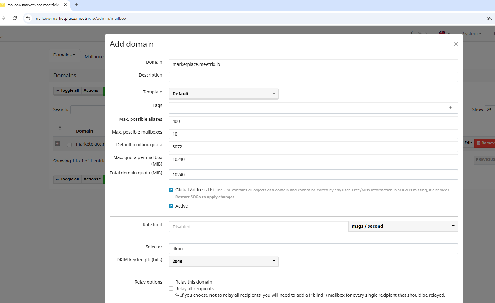 Mailcow Add domain form showing domain name, mailbox quotas and DKIM selector settings