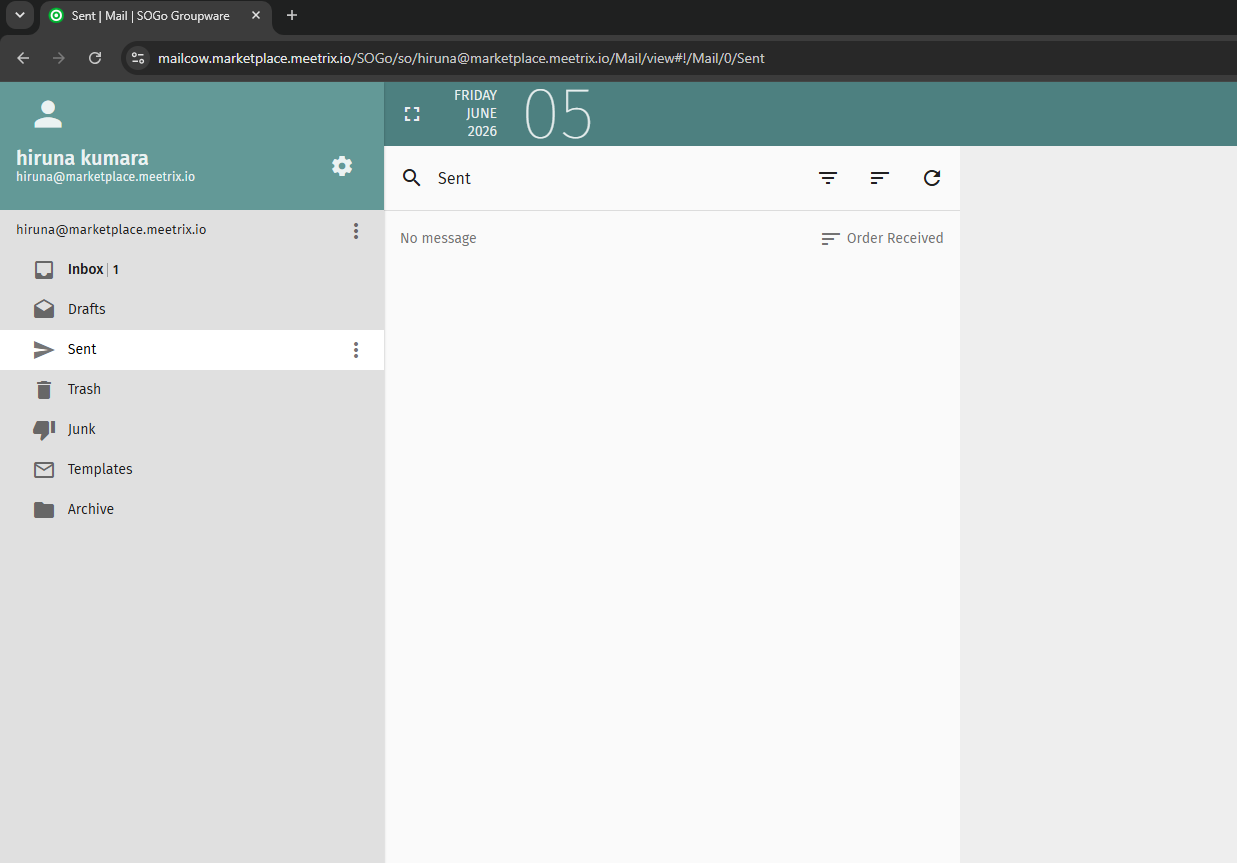 SOGo webmail inbox for a Mailcow mailbox on GCP