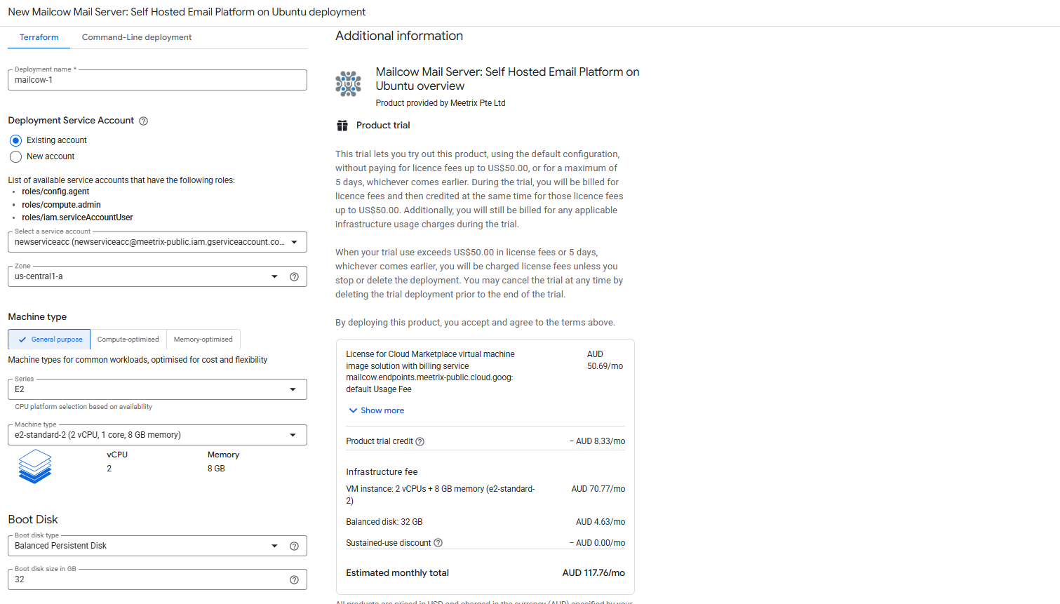 Mailcow GCP deployment configuration form showing deployment name, service account, zone and machine type