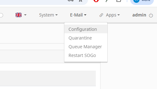 Mailcow admin panel E-Mail menu showing Configuration, Quarantine, Queue Manager and Restart SOGo