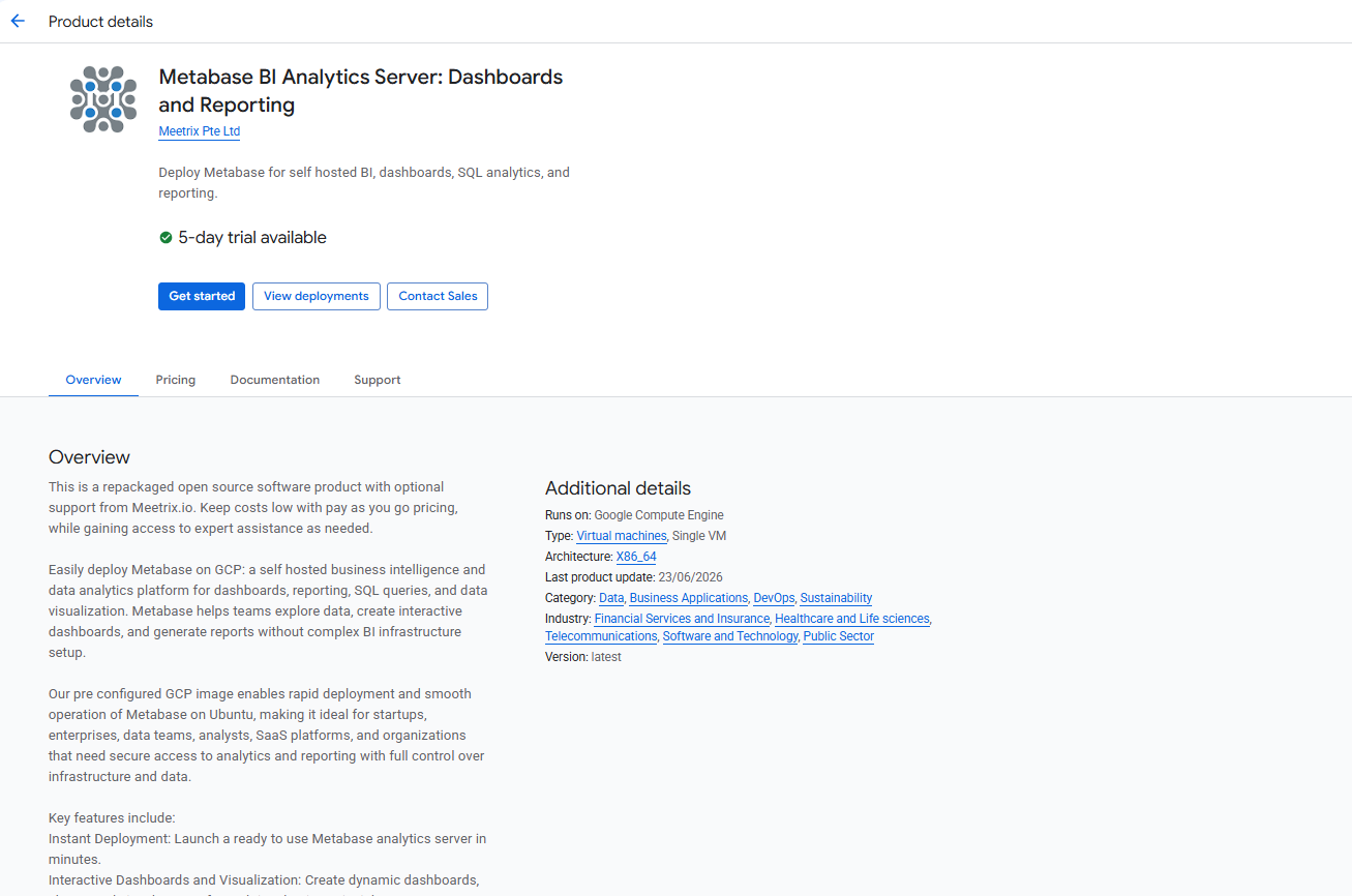 Metabase BI Analytics Server product details page on GCP Marketplace