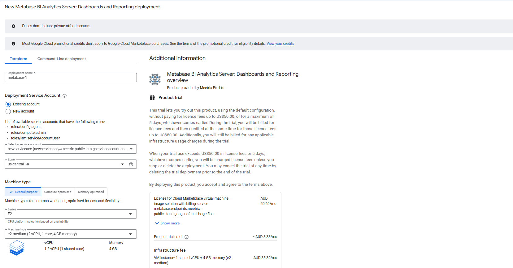 Metabase GCP deployment configuration form showing deployment name, service account, zone and machine type