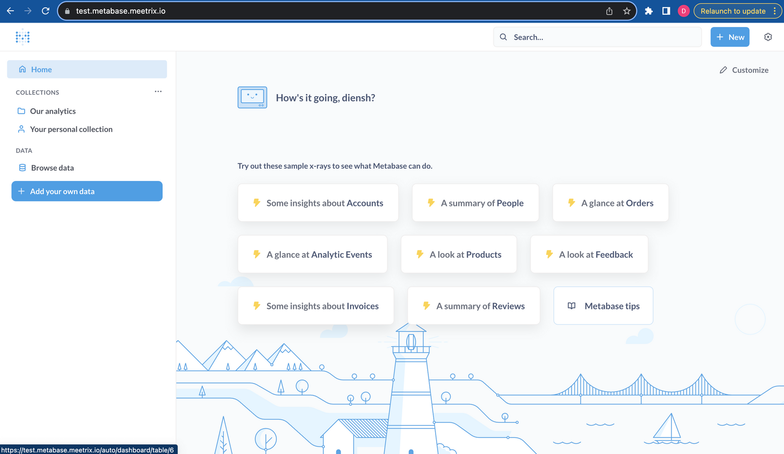 Metabase home dashboard after deployment on GCP