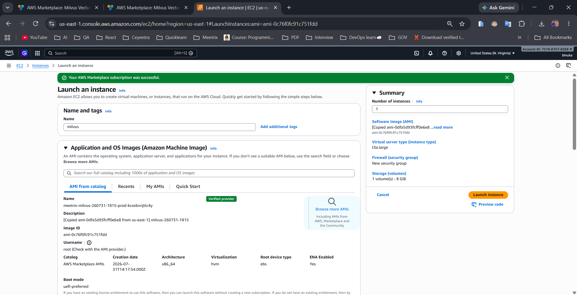 EC2 Launch an instance page showing the Milvus AMI, instance type, and launch summary