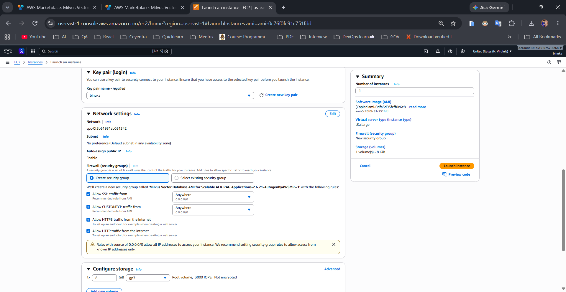 EC2 launch wizard key pair, network settings, and security group configuration for Milvus
