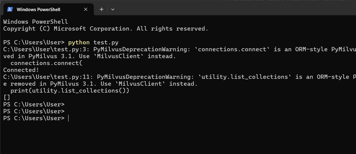 PowerShell terminal output showing a successful pymilvus connection to Milvus