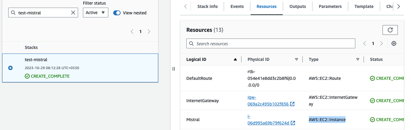 Resources tab showing the Mistral EC2 instance link