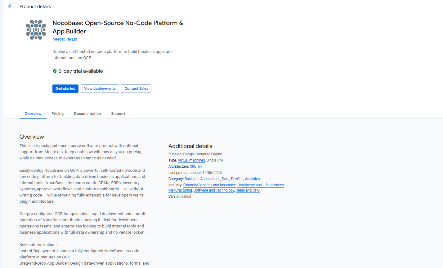 NocoBase product listing on GCP Marketplace