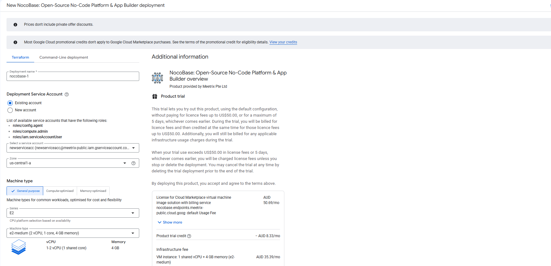 NocoBase GCP deployment configuration form