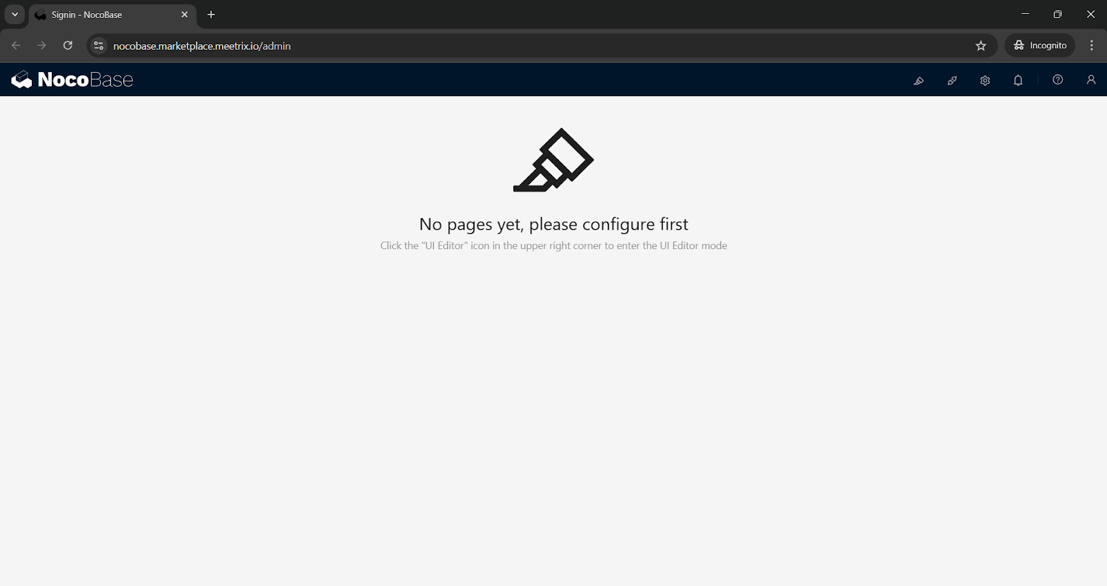 NocoBase admin dashboard after first sign-in