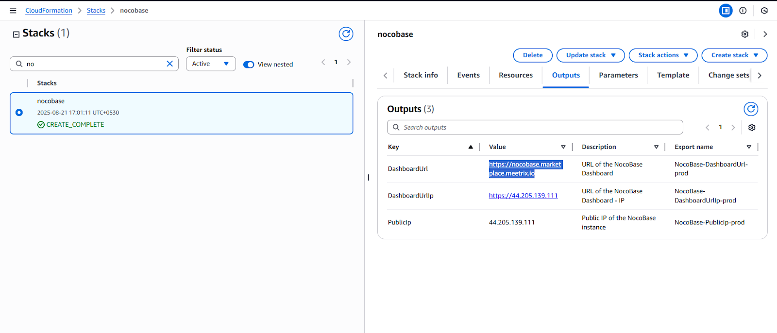 NocoBase Dashboard URL