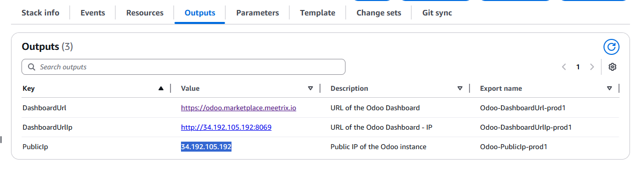 Odoo CloudFormation Outputs Public IP