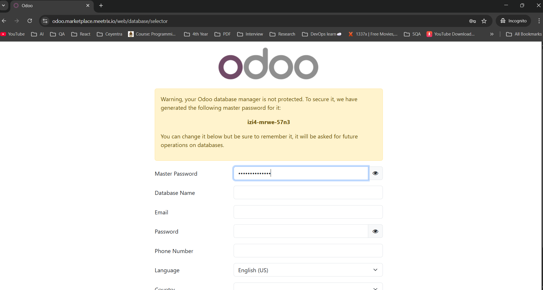 Odoo Initial Setup Form