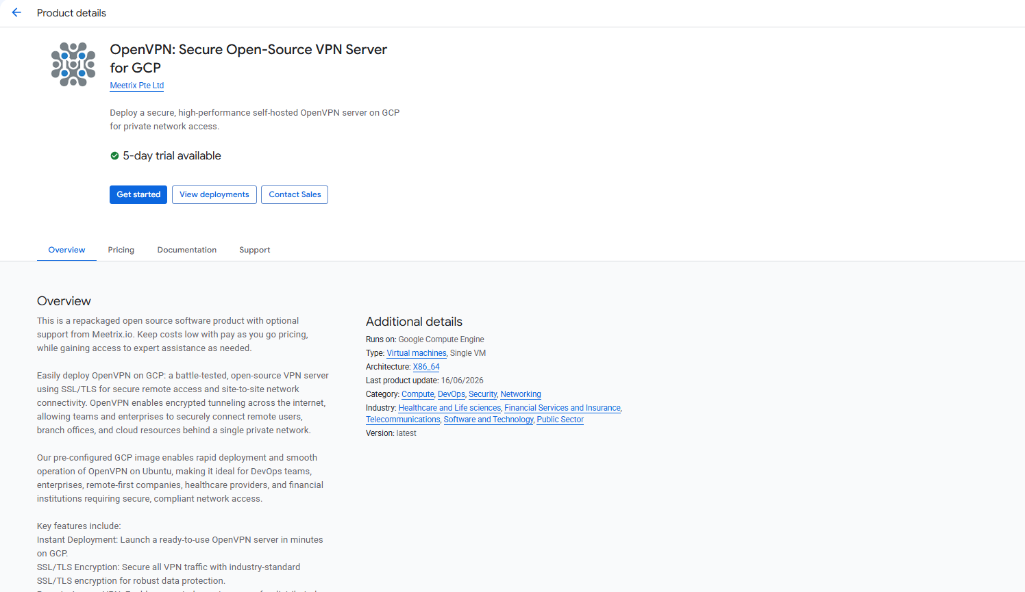 OpenVPN product listing page on GCP Marketplace with Get started button