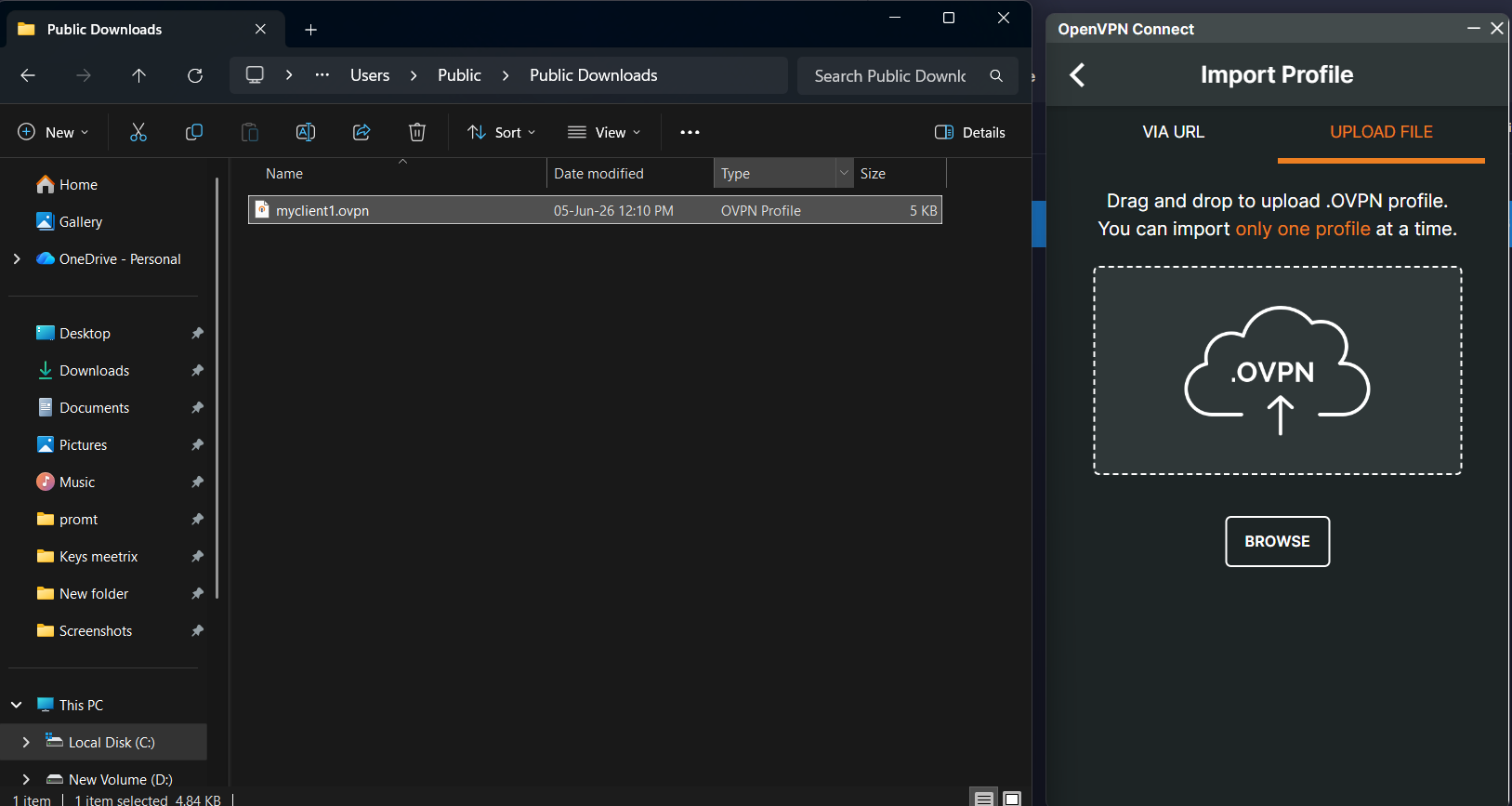 Uploading the .ovpn profile file into OpenVPN Connect