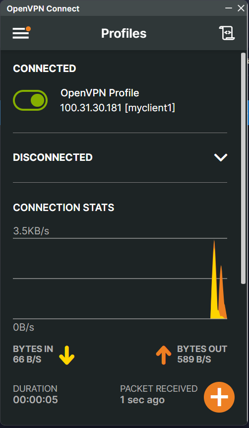 OpenVPN Connect showing a connected status with live connection stats