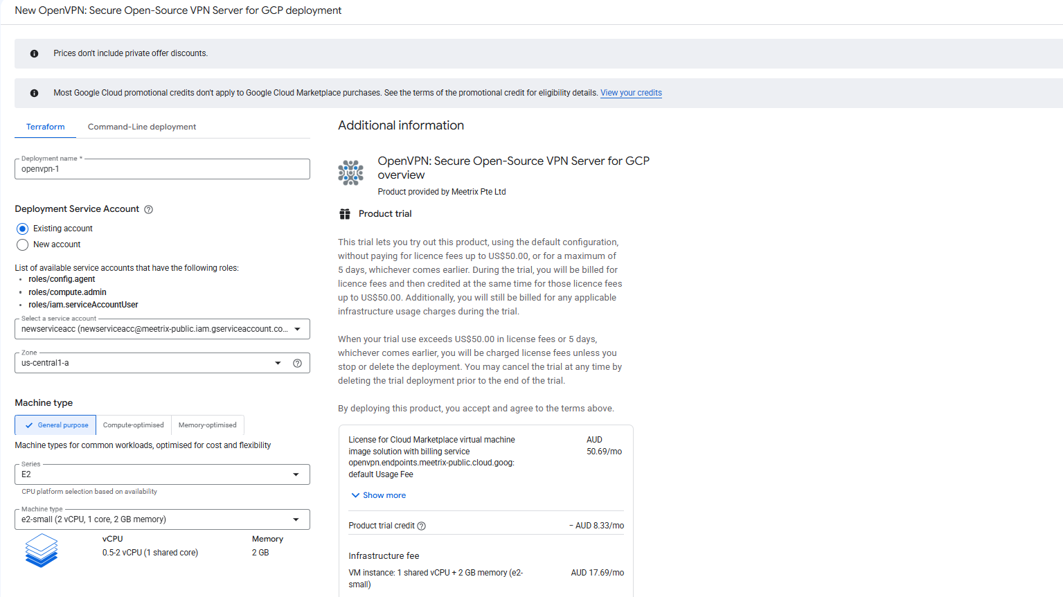 OpenVPN GCP deployment configuration form showing deployment name, service account, zone, and machine type