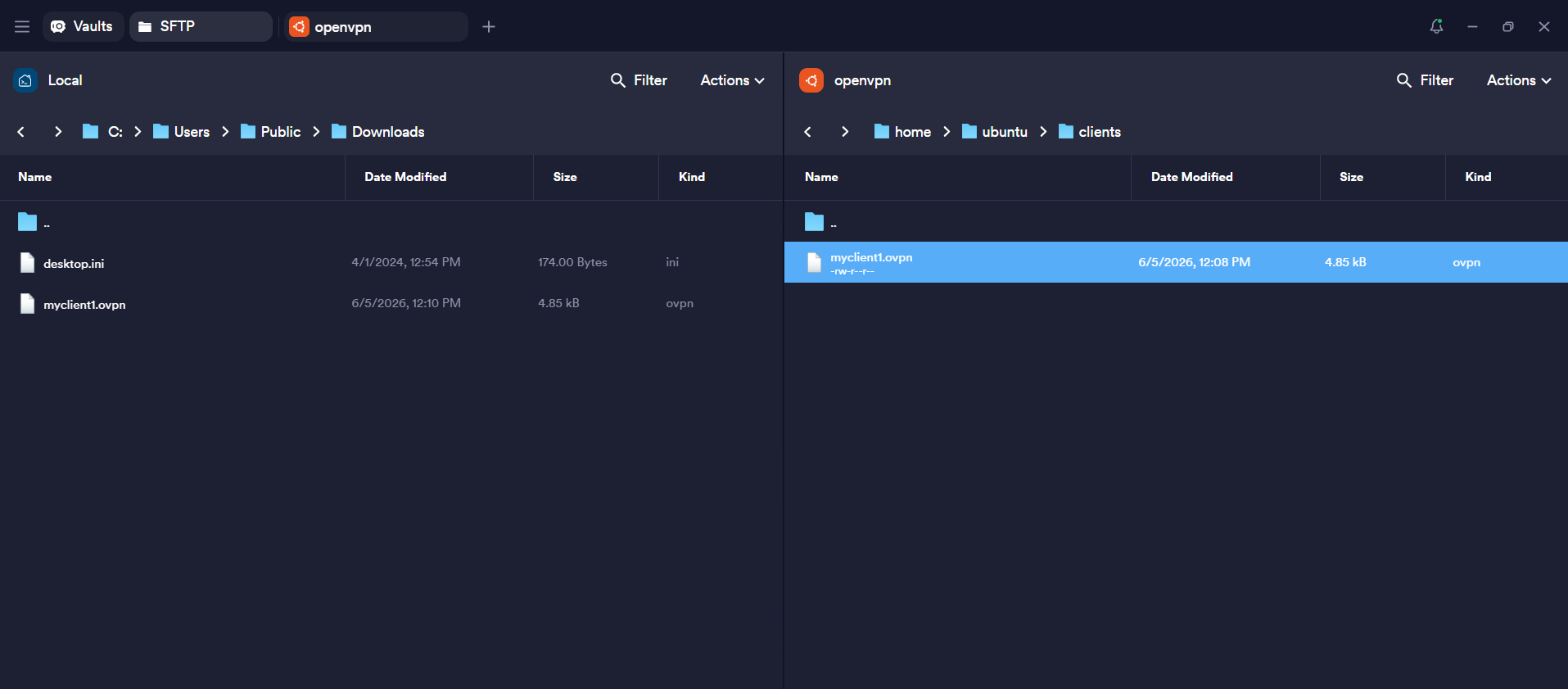 Downloading the generated .ovpn client profile via SFTP