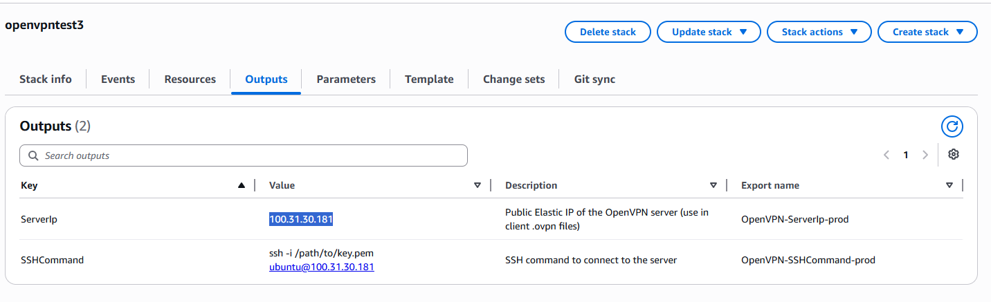Copy the ServerIp from CloudFormation Outputs