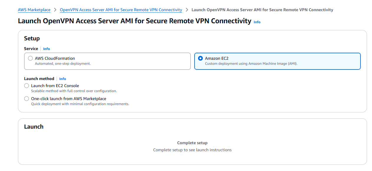 Amazon EC2 selected showing Launch from EC2 Console and One-click launch options