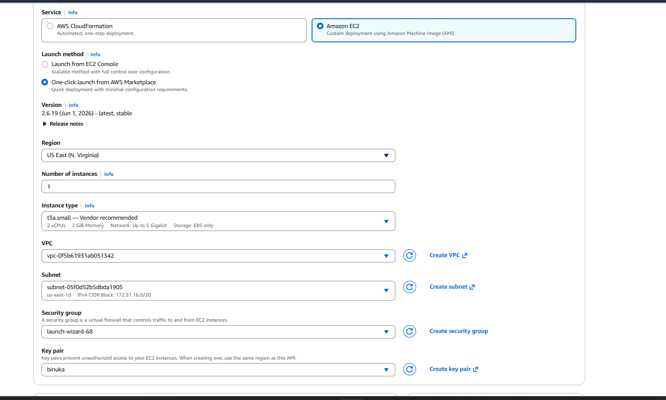 One-click launch configuration form showing instance type, VPC, subnet, security group, and key pair