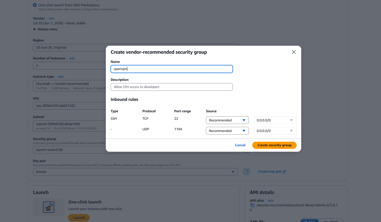 Create vendor-recommended security group dialog with SSH and UDP 1194 inbound rules