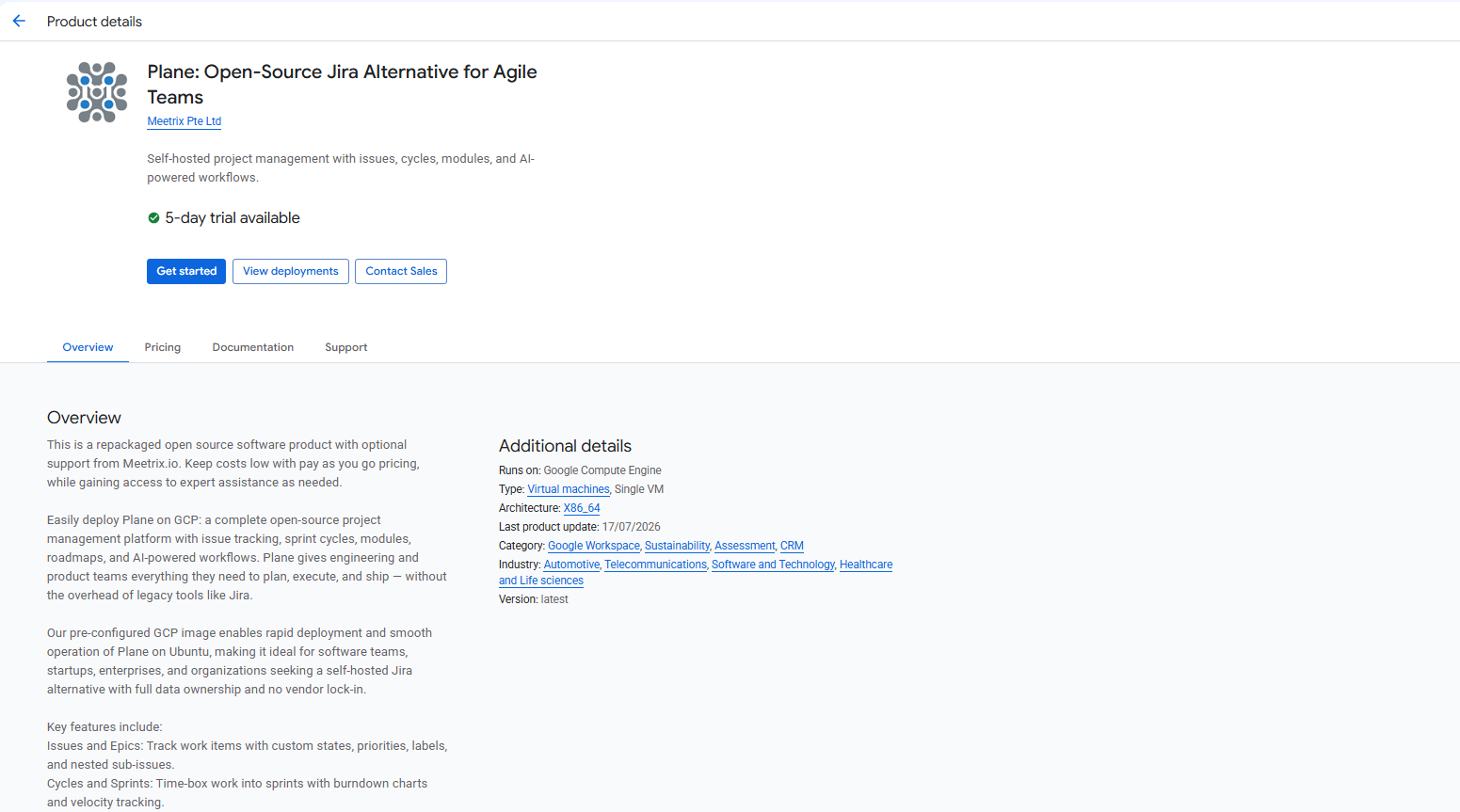 Plane Open-Source Jira Alternative for Agile Teams product listing on GCP Marketplace