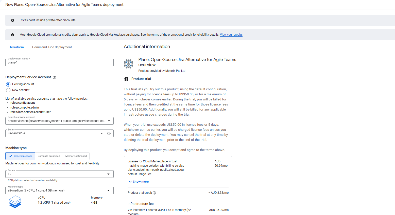 Plane GCP deployment configuration form showing deployment name, service account, zone, and machine type