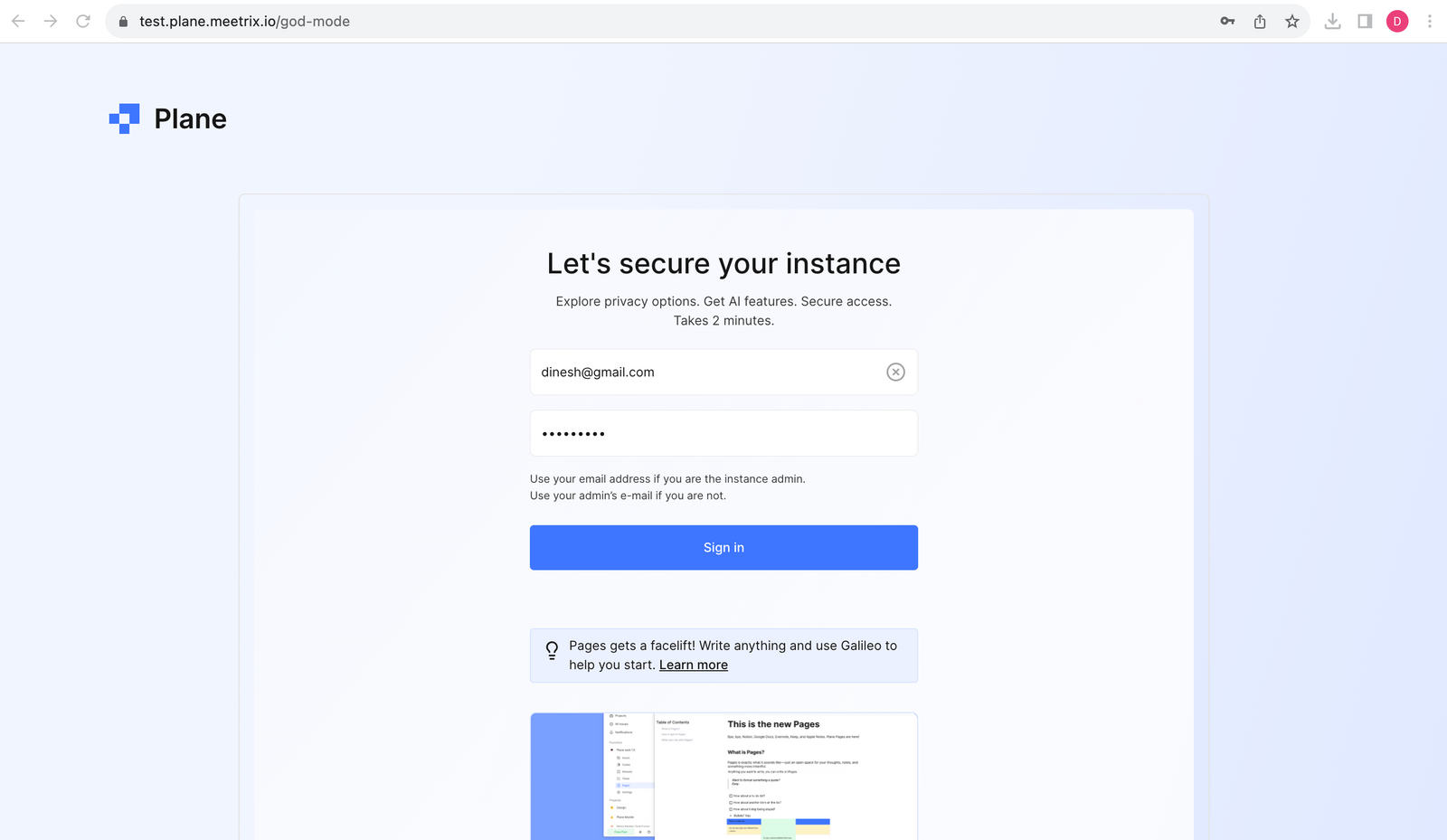 Plane instance admin God Mode sign-in page asking for admin email and password