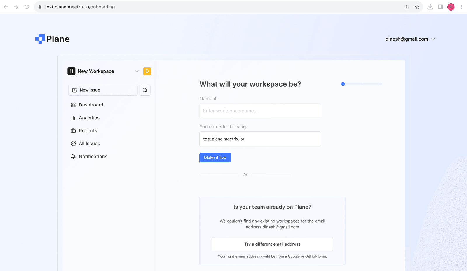 Plane onboarding screen asking for a workspace name and slug before making it live
