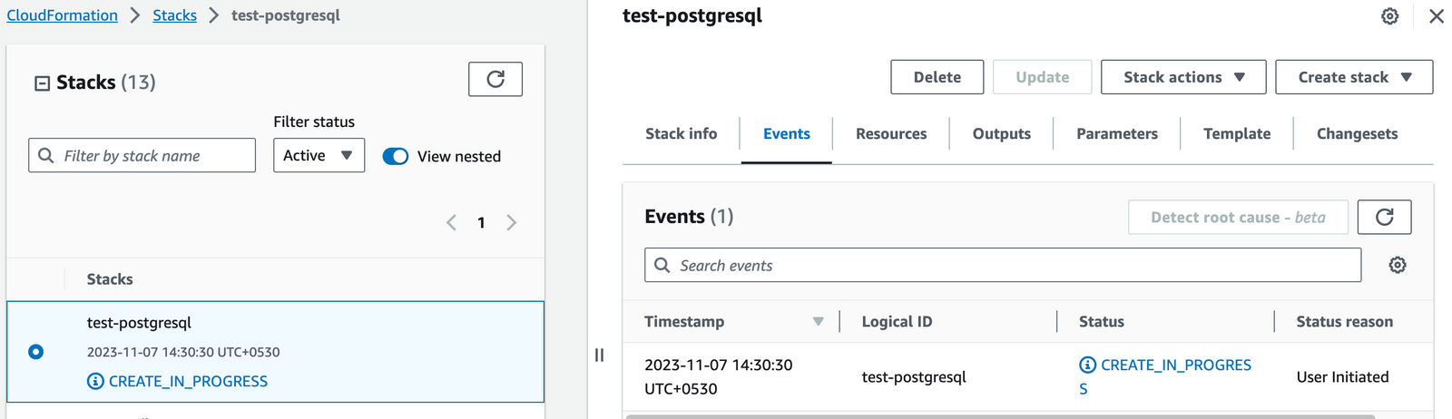 PostgreSQL CloudFormation stack in progress