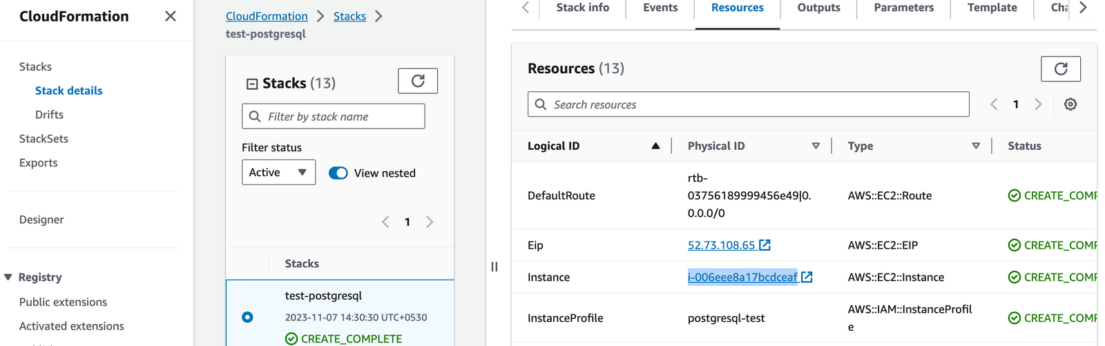 Resources tab showing the PostgreSQL EC2 instance link