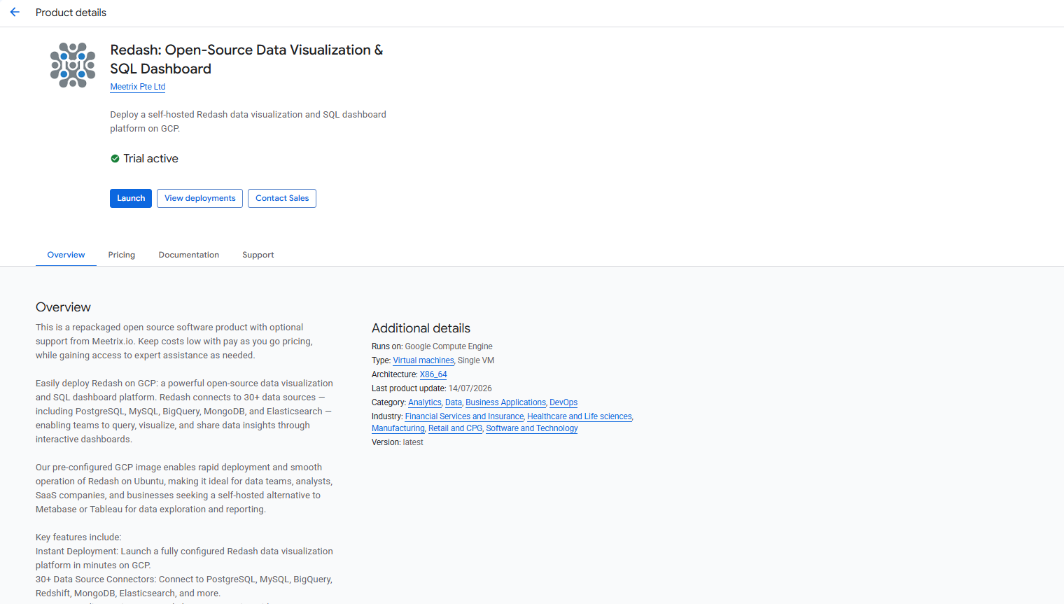 Redash product listing on GCP Marketplace