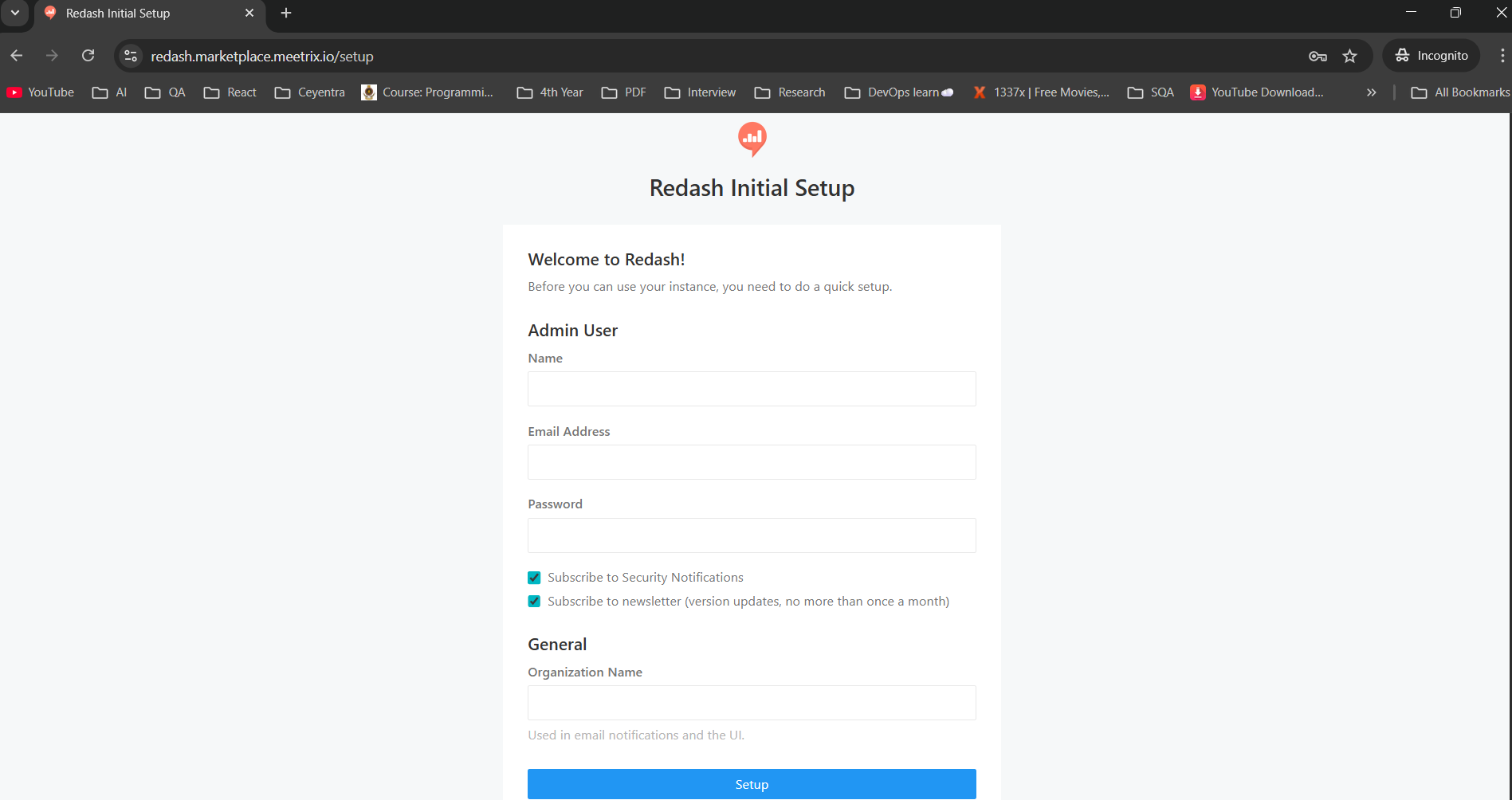 Redash Initial Setup screen for creating the admin account