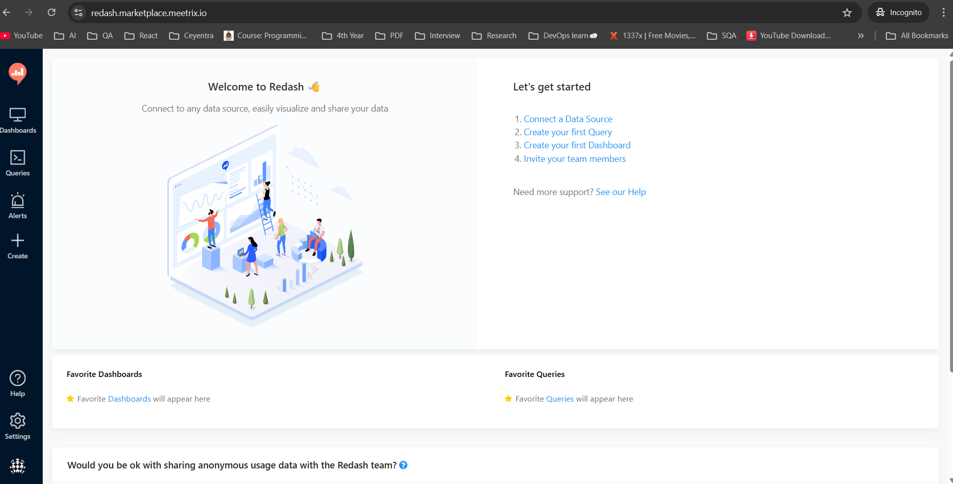 Redash home dashboard after initial setup