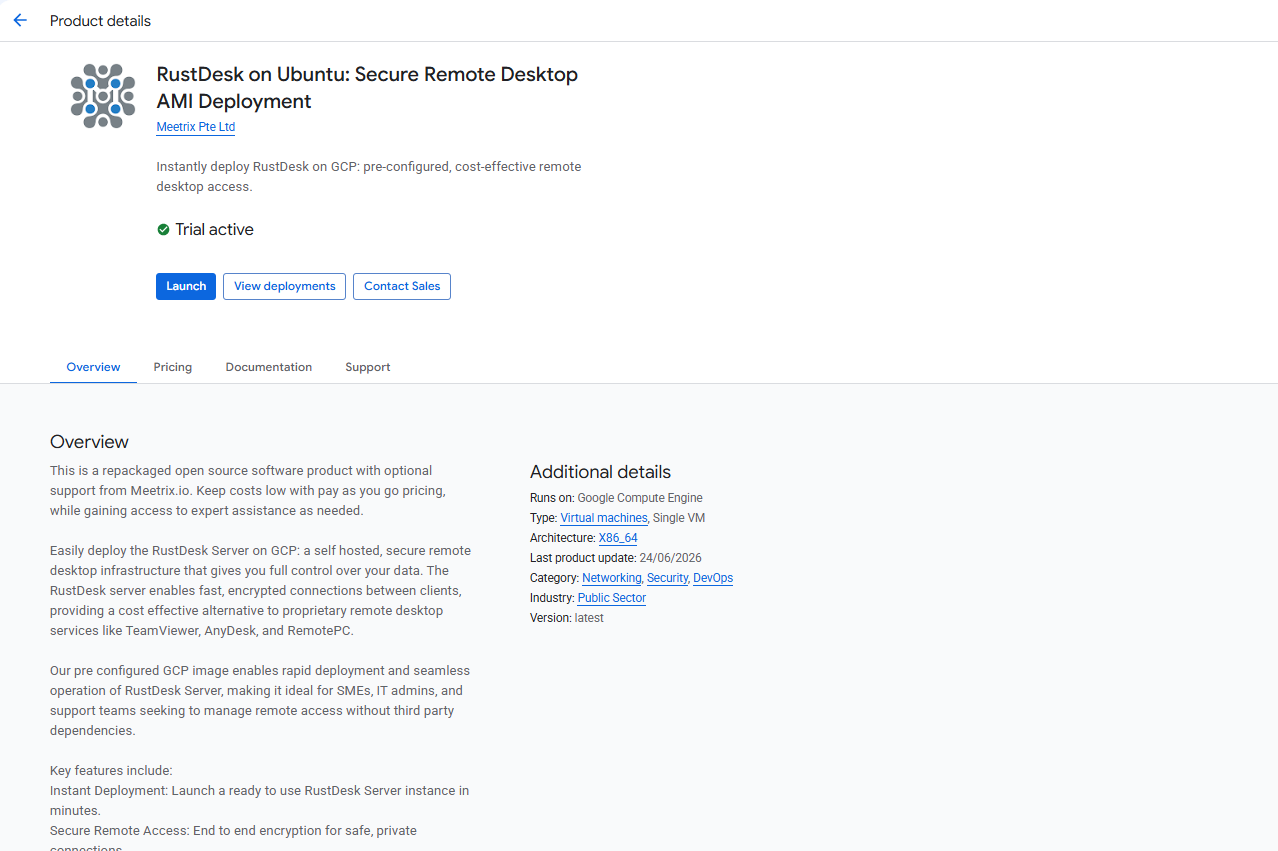 RustDesk on Ubuntu product listing page on GCP Marketplace