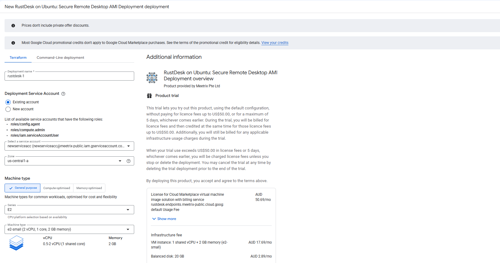 RustDesk GCP deployment configuration form showing deployment name, service account, zone and machine type