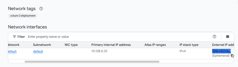 RustDesk VM instance network interfaces showing the ephemeral external IP on GCP
