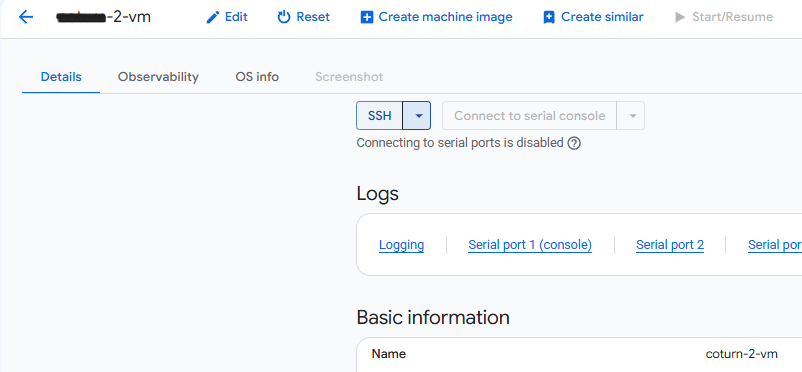 RustDesk VM instance details page with the SSH button and Logs section on GCP