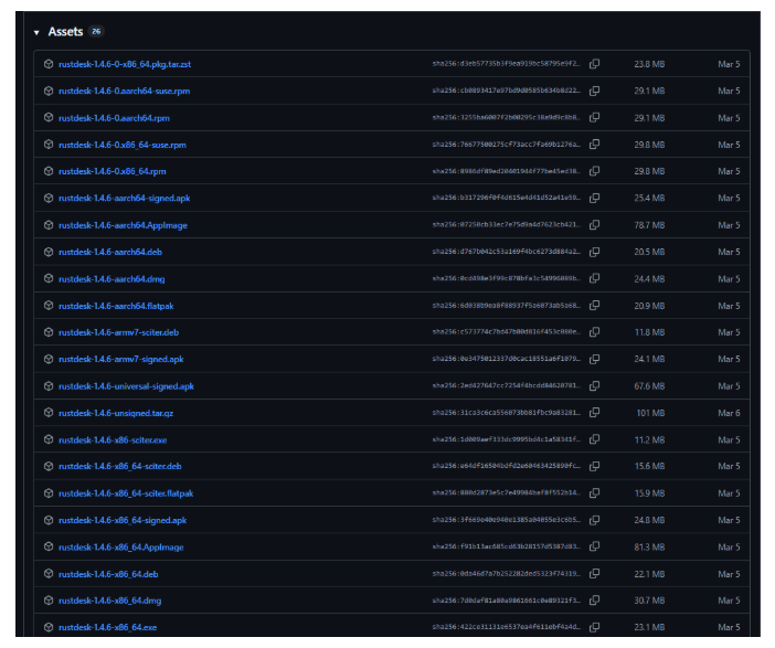 RustDesk release Assets list with individual installer files