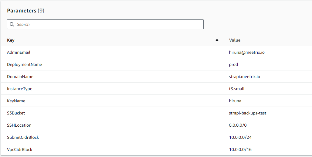 Reviewing CloudFormation stack parameters for Strapi