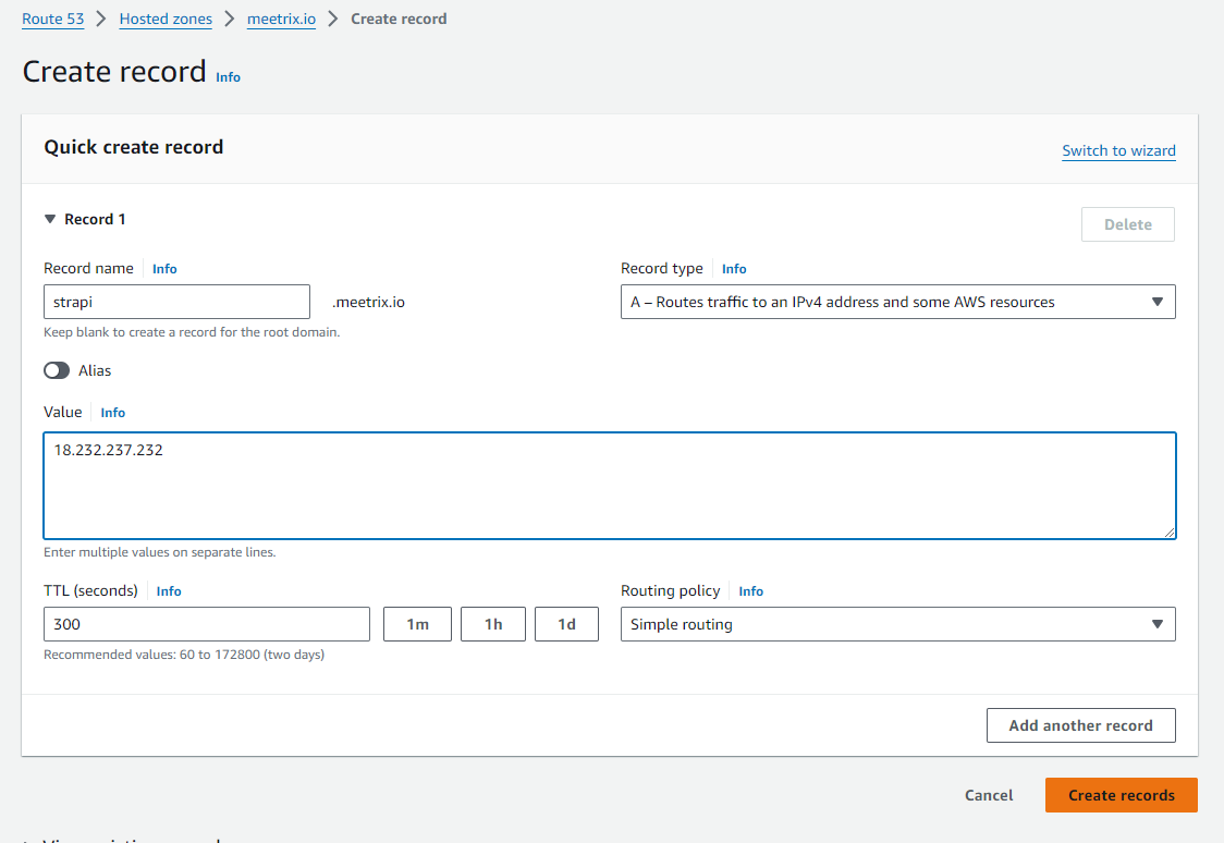 Creating a DNS record in AWS Route 53 for Strapi