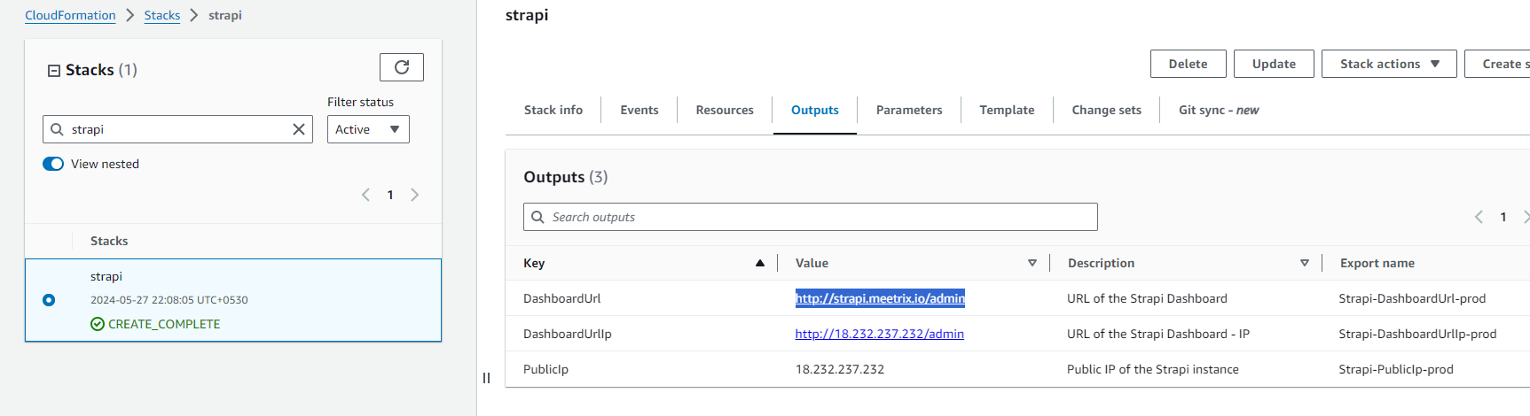 Strapi DashboardUrl in CloudFormation Outputs