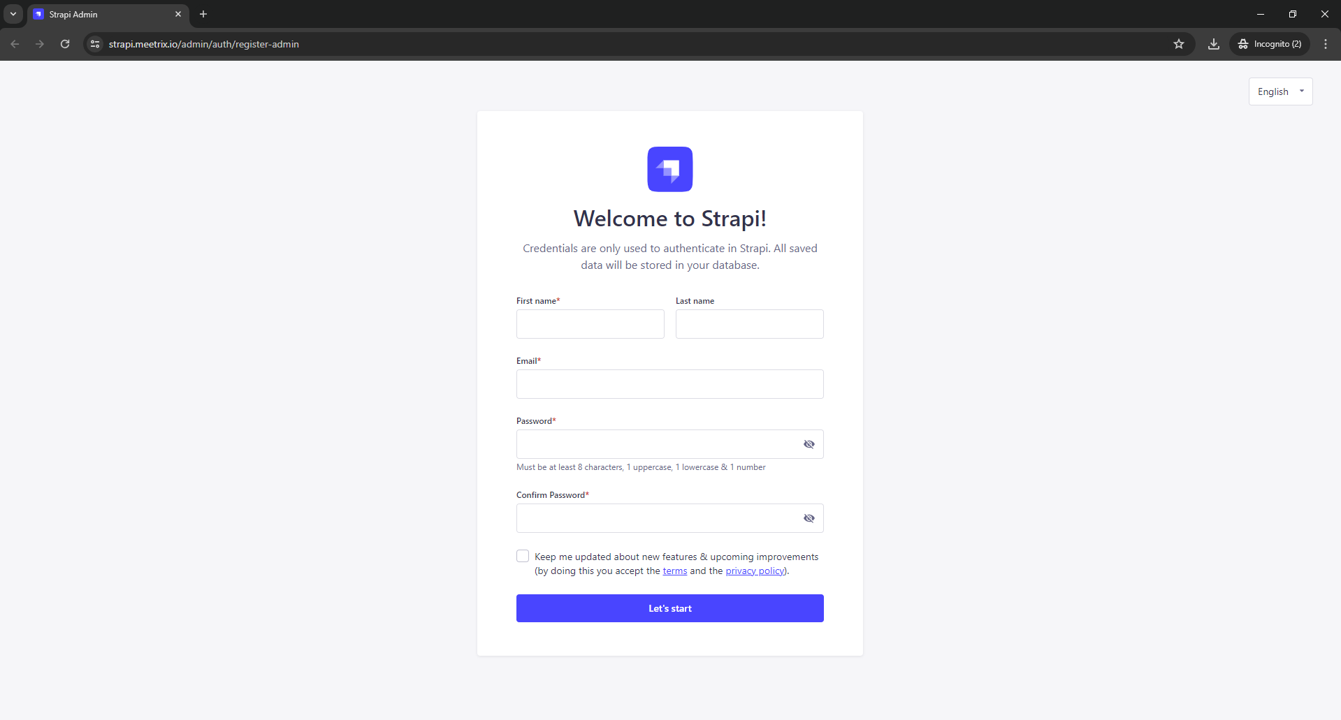 Strapi admin account creation screen