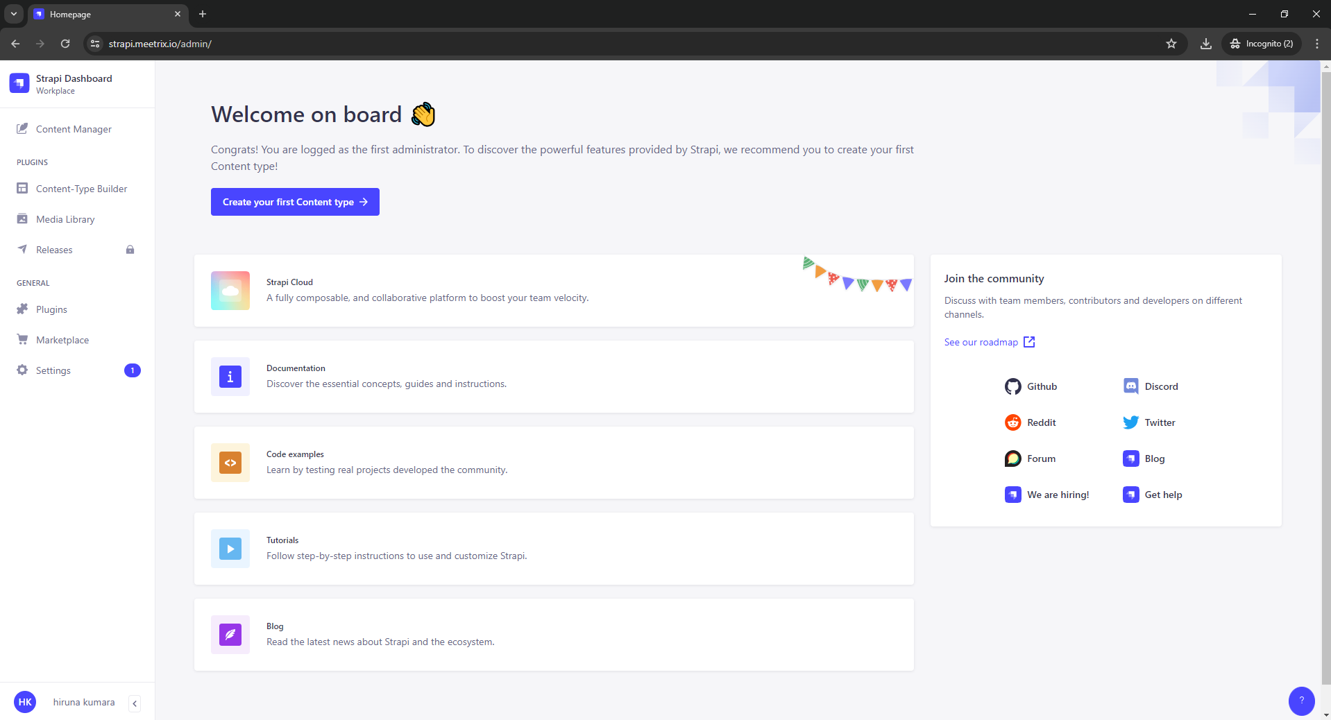 Strapi initial admin setup form