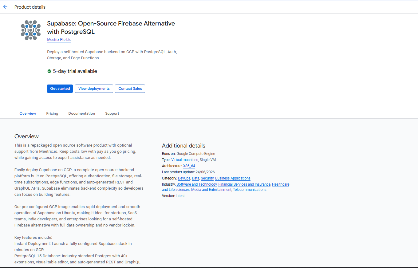 Supabase Open-Source Firebase Alternative product details page on GCP Marketplace