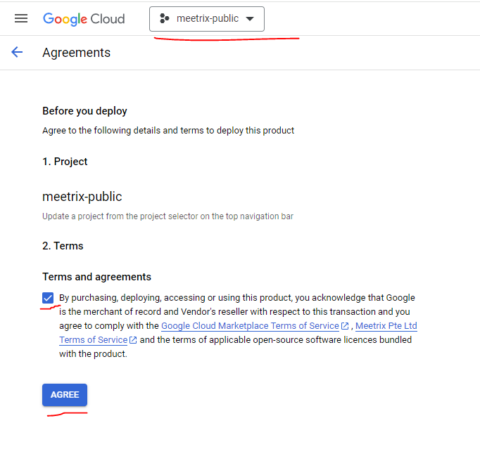 Accepting the GCP Marketplace and Meetrix Pte Ltd terms of service before deploying Supabase