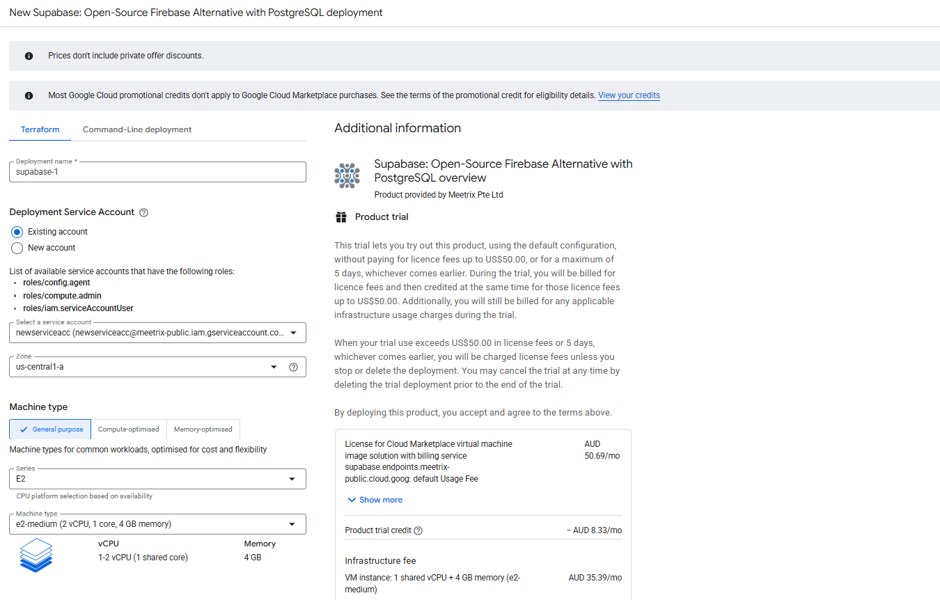 Supabase GCP deployment configuration form showing deployment name, service account, zone, and machine type