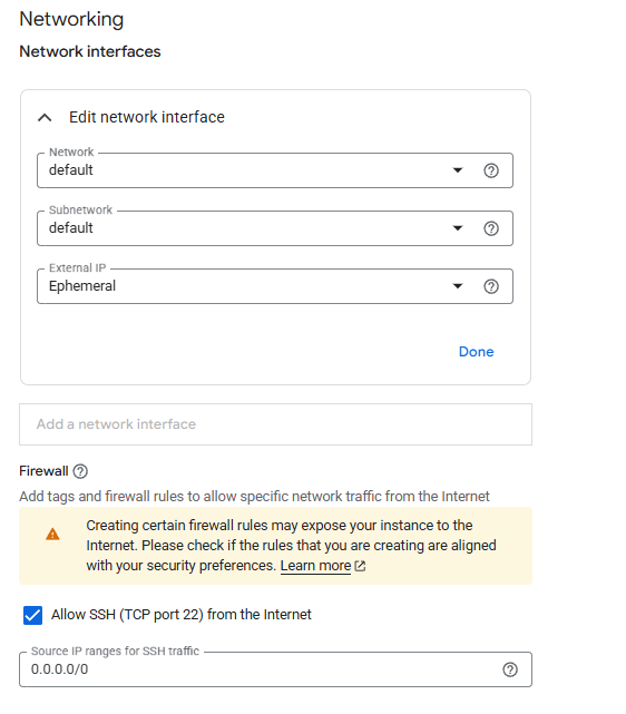 Supabase GCP networking configuration showing network interface and SSH firewall settings