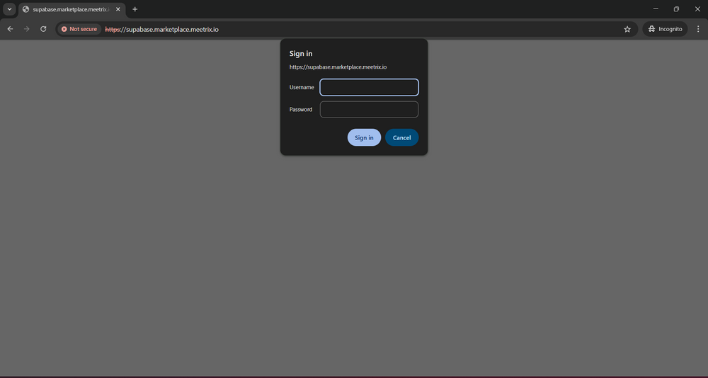 HTTP Basic Auth sign-in prompt protecting the Supabase Studio dashboard